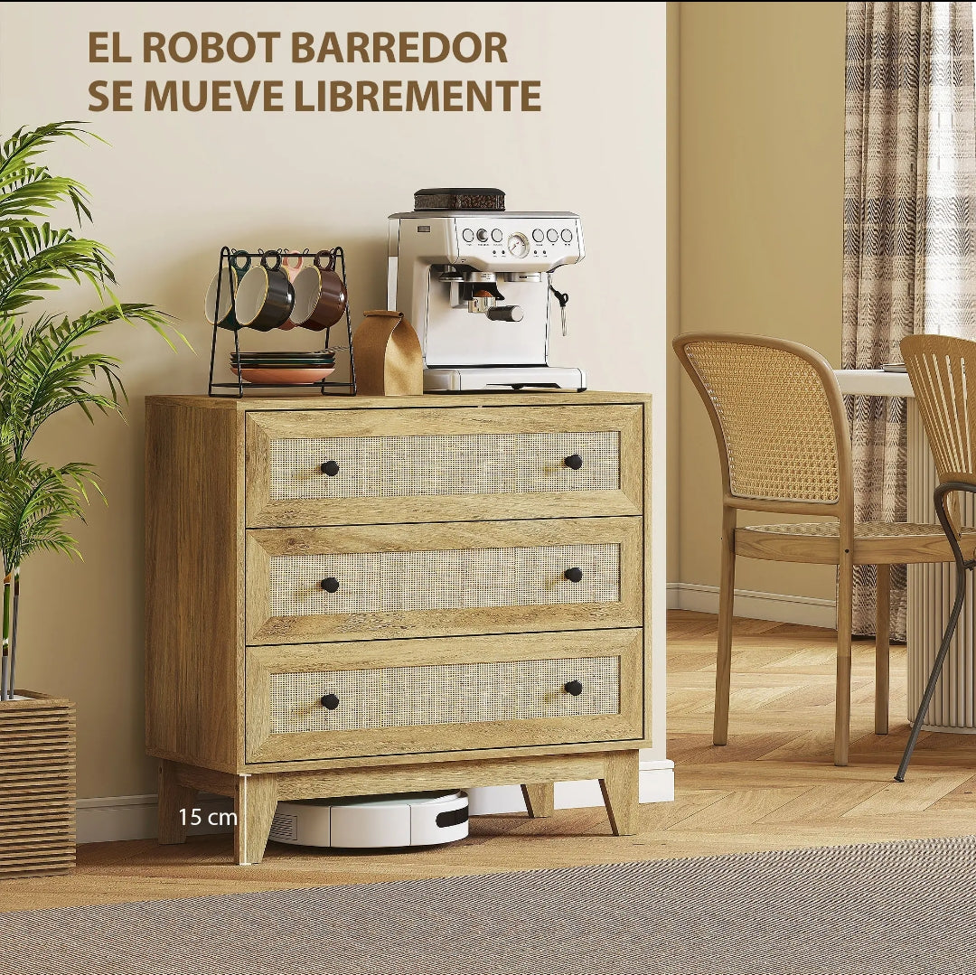 Cómoda de 3 Cajones con Ratán Estilo Cannage 80 cm | Cajonera Boho | MooM Decó