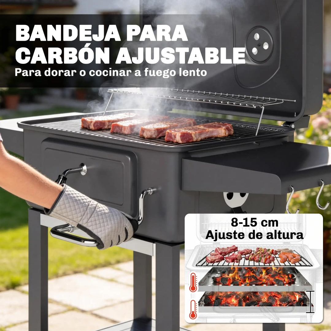 Barbacoa de Carbón con Tapa y Termómetro | Parrilla Regulable | MooM Decó