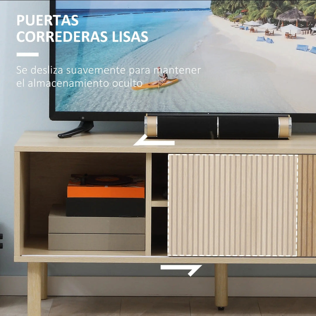 Mueble TV Nórdico con Puertas Correderas y Estantes Abiertos Efecto Madera 115x40x49 cm