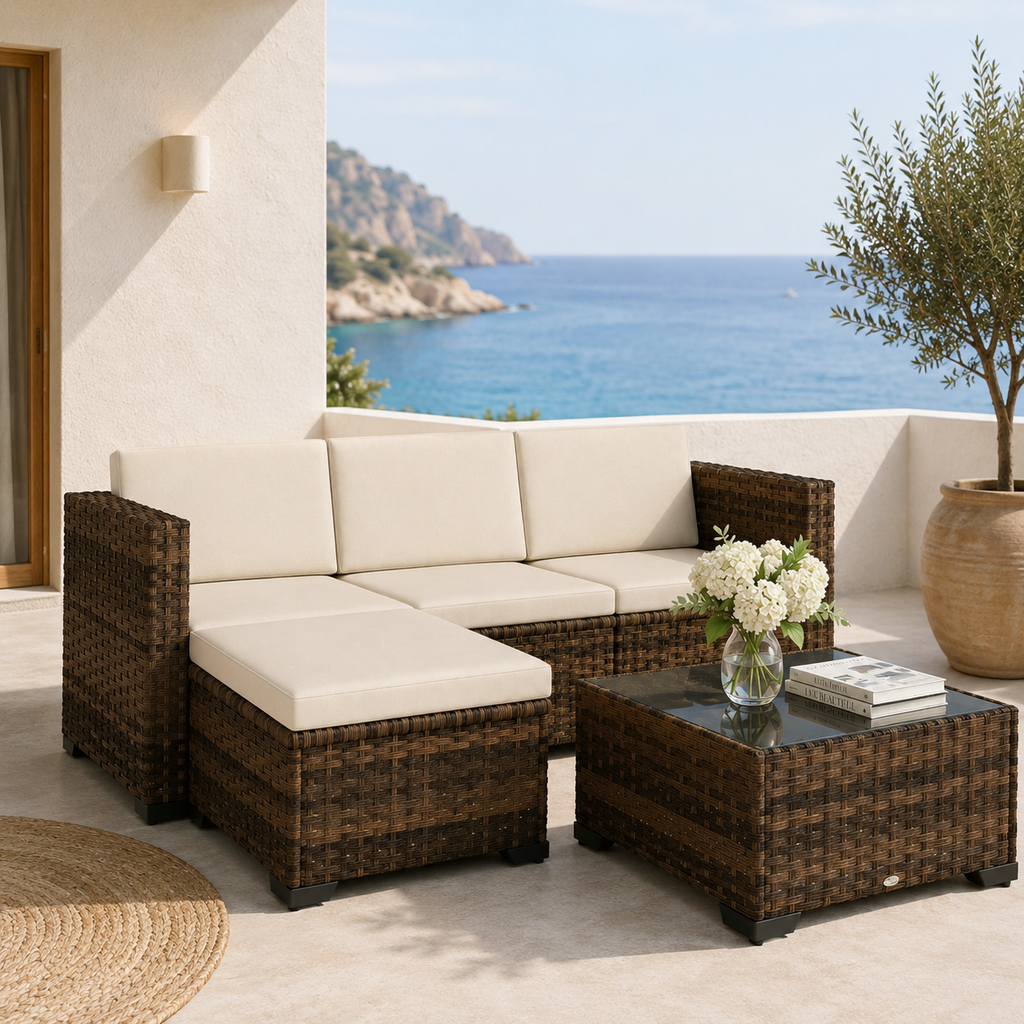 Conjunto Jardín Modular Ratán 5 Piezas con Mesa y Cojines | MooM Decó