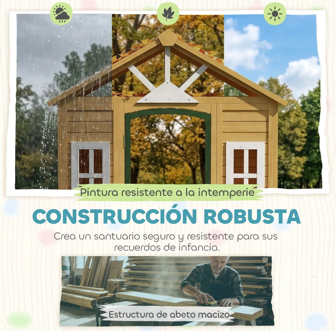 Casita Infantil de Madera para Jardín con Jardineras y Ventanas | 134,5x97x150 cm | MooM Decó