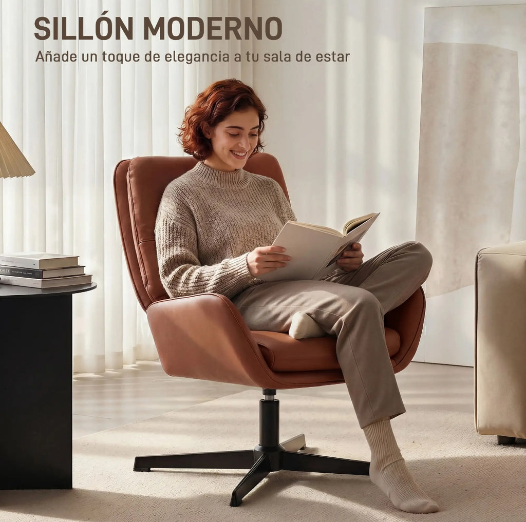 Butaca Giratoria 360° Tapizada en PU Marrón | Sillón de Lectura | MooM Decó