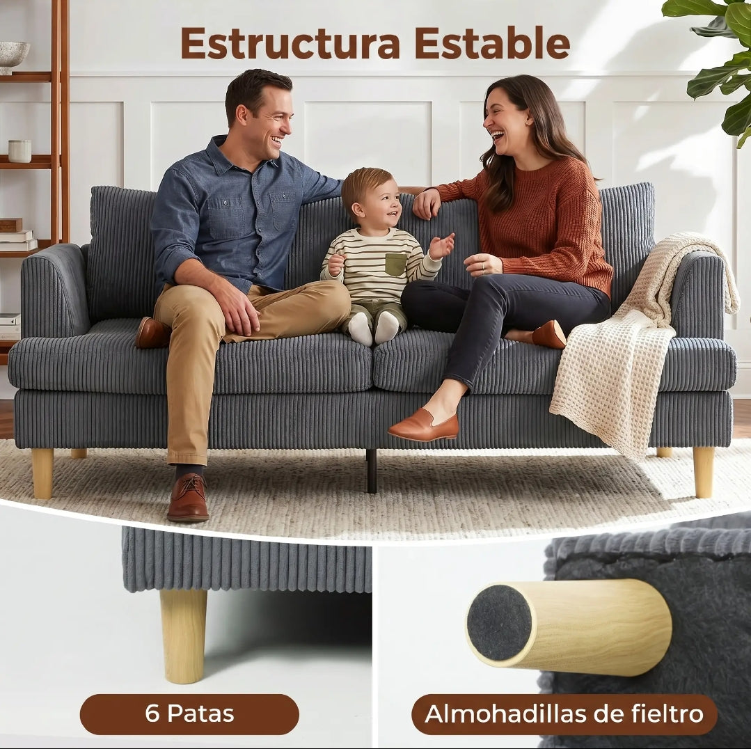 Sofá de 3 Plazas en Pana Gris Oscuro con Muelles Ensacados | MooM Decó