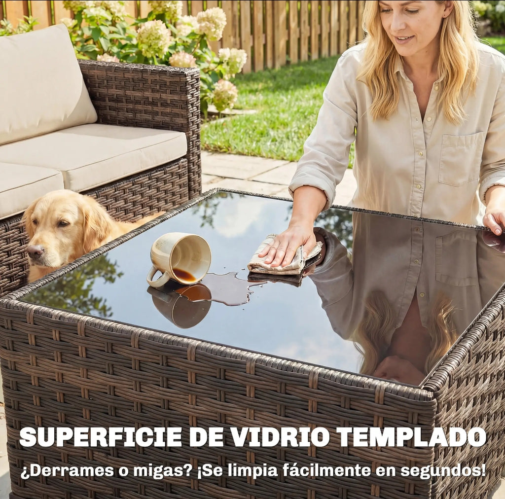 Conjunto Jardín Modular Ratán 5 Piezas con Mesa y Cojines | MooM Decó