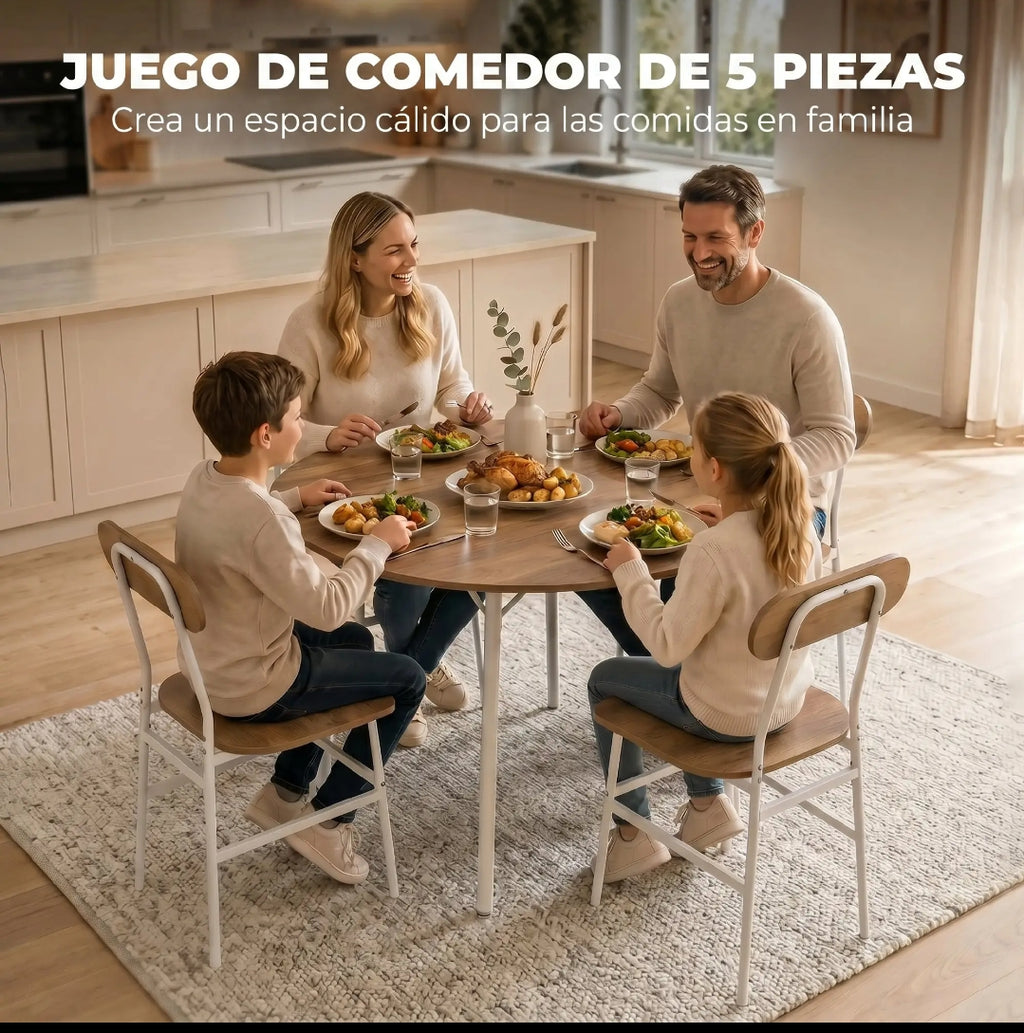 Mesa Redonda con 4 Sillas Ø100 cm Natural y Blanco | MooM Decó