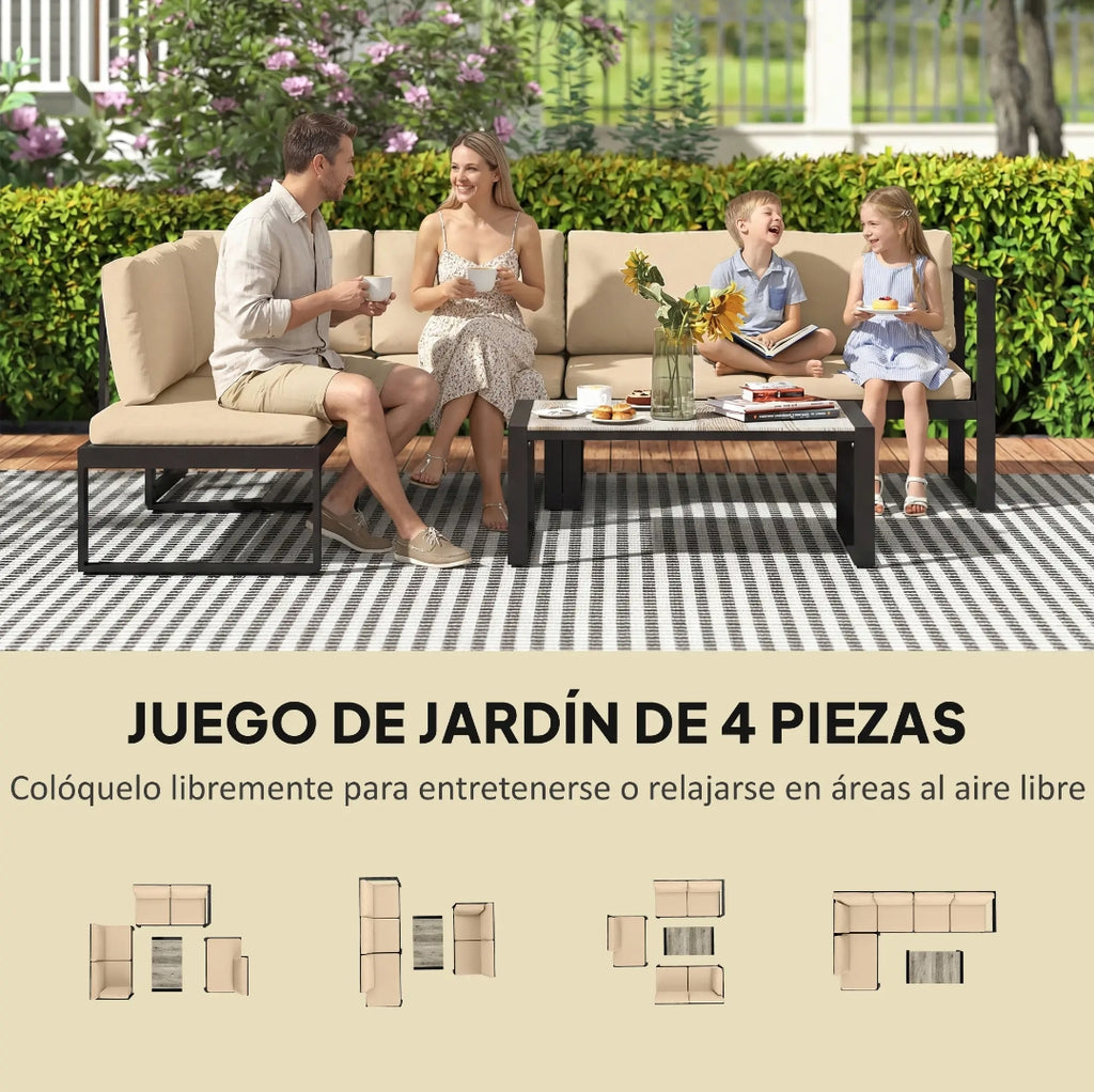 Conjunto de Jardín Modular 4 Piezas con Sofás, Mesa de Centro y Cojines para Terraza Exterior