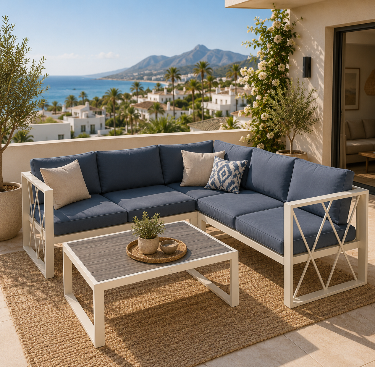Conjunto de Jardín Modular 5 Plazas con Tumbona Reclinable, Sofás y Mesa de Centro Efecto Madera