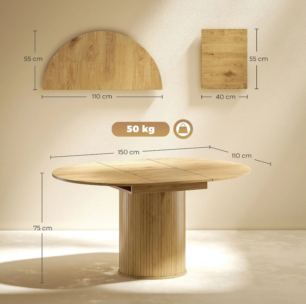 Mesa de Comedor Extensible Redonda a Ovalada para 6-8 Personas con Base Estriada y Acabado Madera Natural