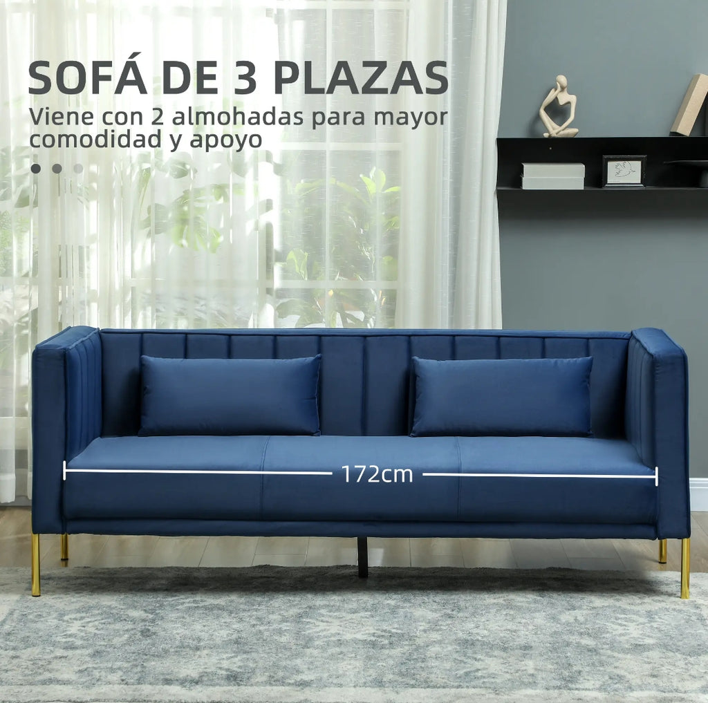 Sofá de 3 Plazas Terciopelo Azul Marino con Patas Doradas | MooM Decó