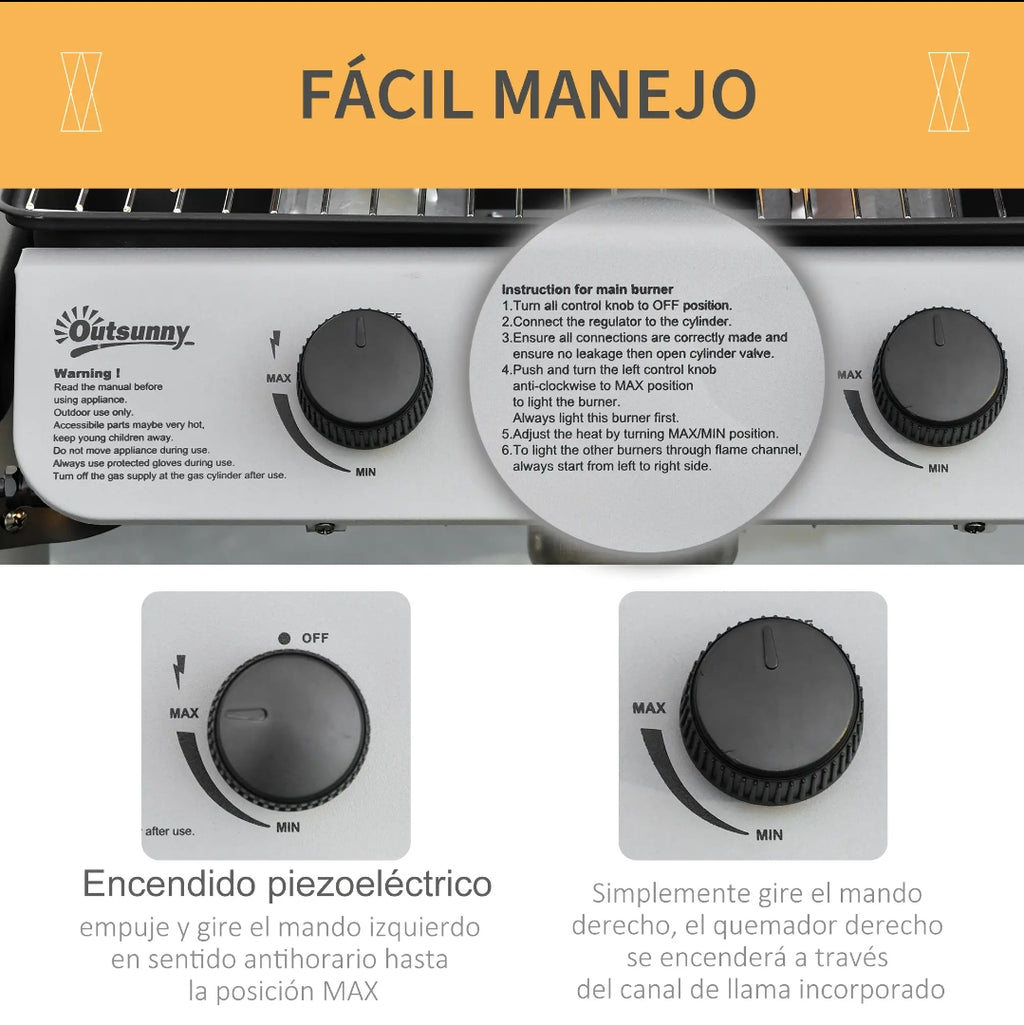Barbacoa de Gas 2 Quemadores con Mesas Laterales 5,6 kW | MooM Decó