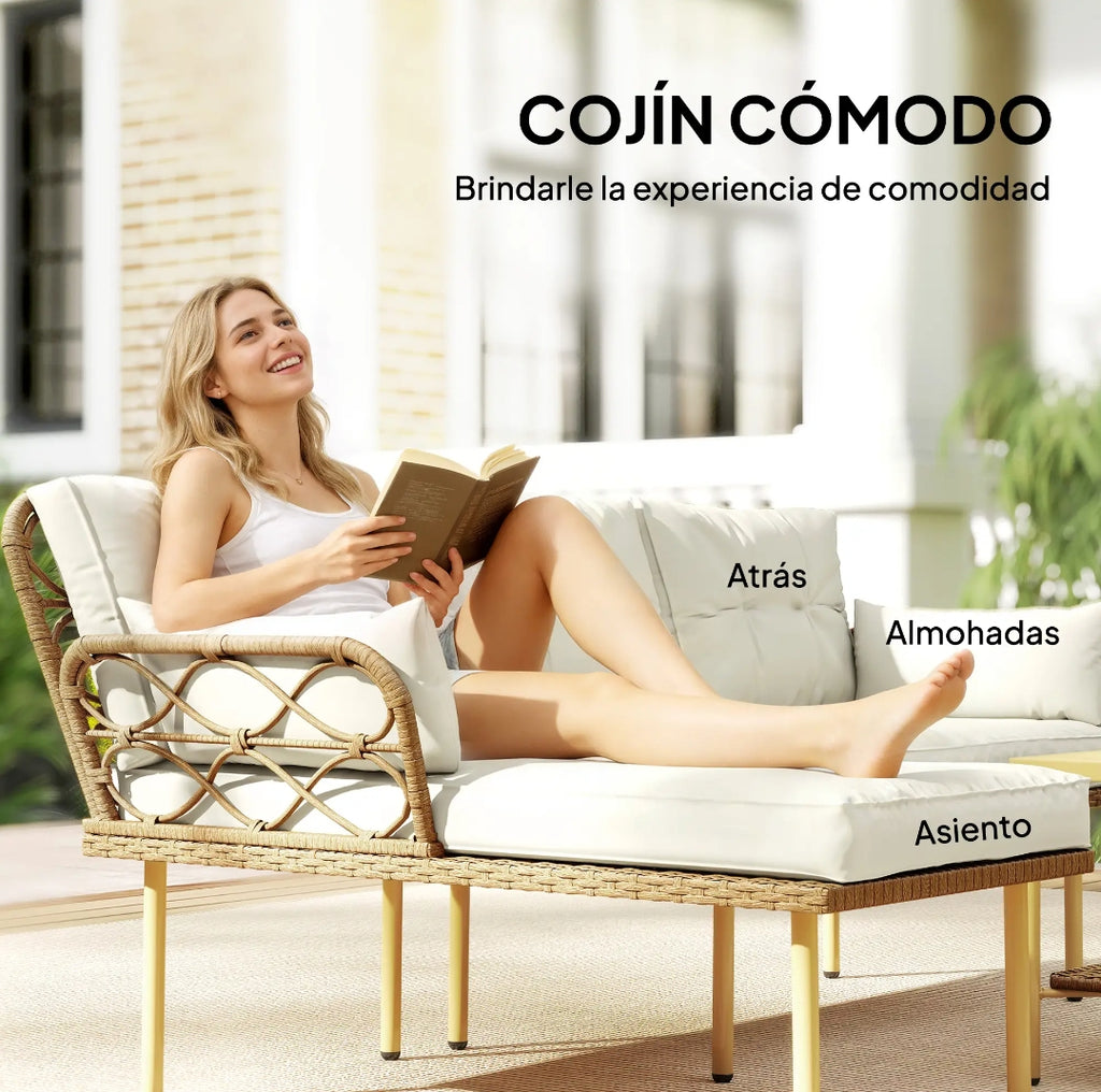 Conjunto de Jardín de Ratán 3 Piezas con Chaise Longue, Sofá 2 Plazas y Mesa de Centro con Cojines