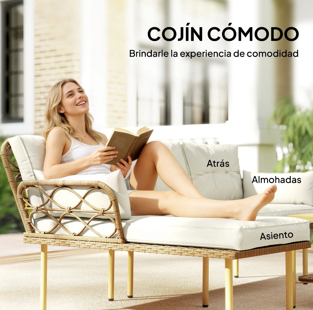 Conjunto de Jardín de Ratán 3 Piezas con Chaise Longue, Sofá 2 Plazas y Mesa de Centro con Cojines