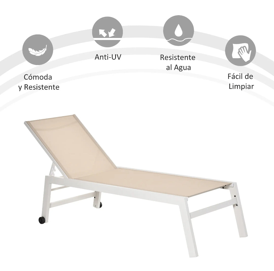 Tumbona Reclinable de Aluminio con Ruedas y Tejido Texteline para Jardín y Piscina