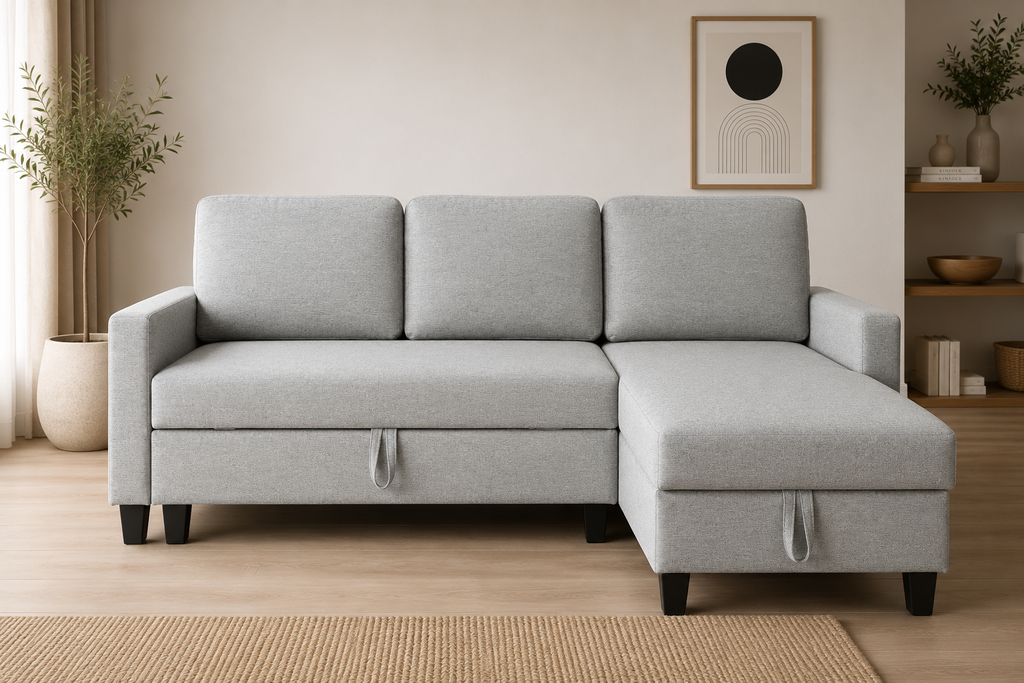 Sofá Cama Chaise Longue Reversible con Arcón Gris | MooM Decó