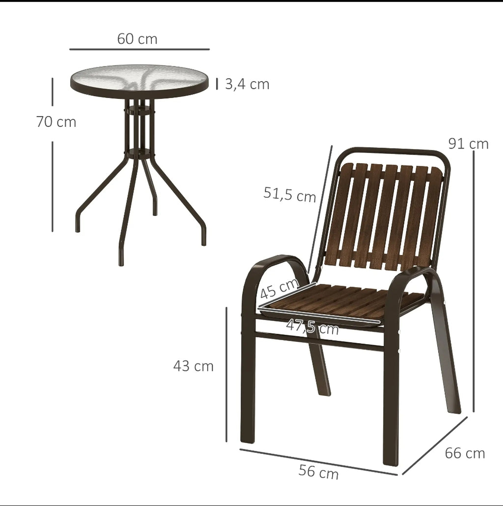 Conjunto de Jardín Bistro 3 Piezas con 2 Sillas Apilables y Mesa Redonda de Cristal Templado
