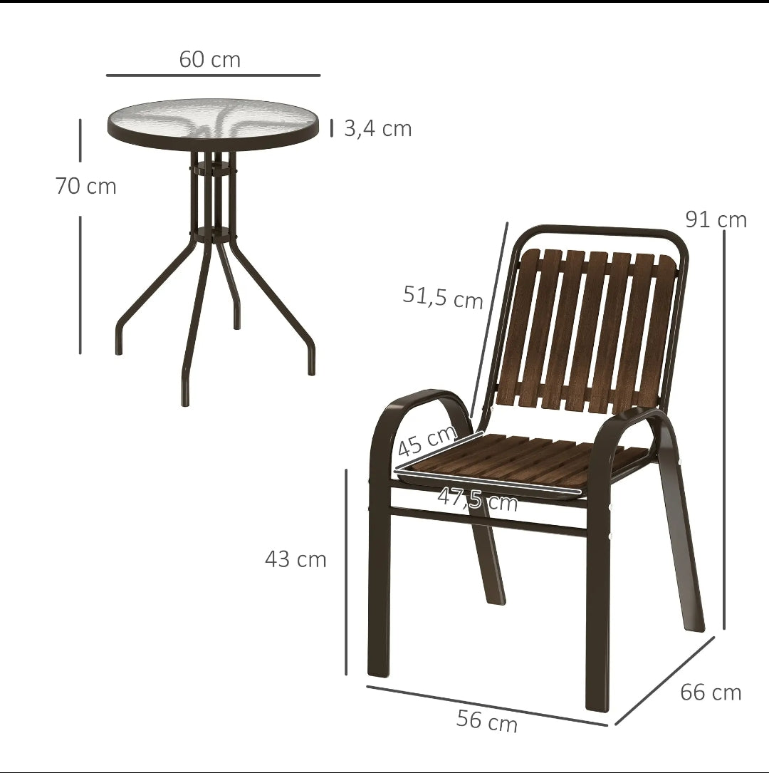 Conjunto de Jardín Bistro 3 Piezas con 2 Sillas Apilables y Mesa Redonda de Cristal Templado