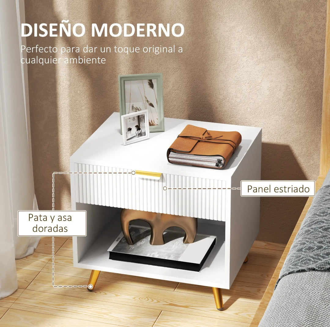 Mesita de Noche Blanca Acanalada con Cajón 50 cm | MooM Decó