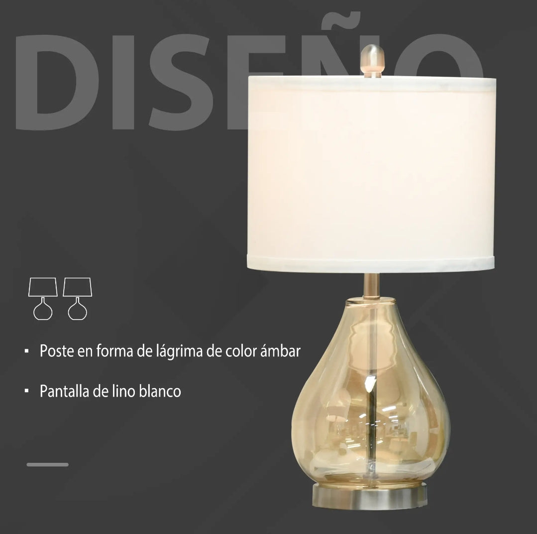 Pack 2 Lámparas de Mesa Cristal Ámbar y Lino Blanco | MooM Decó