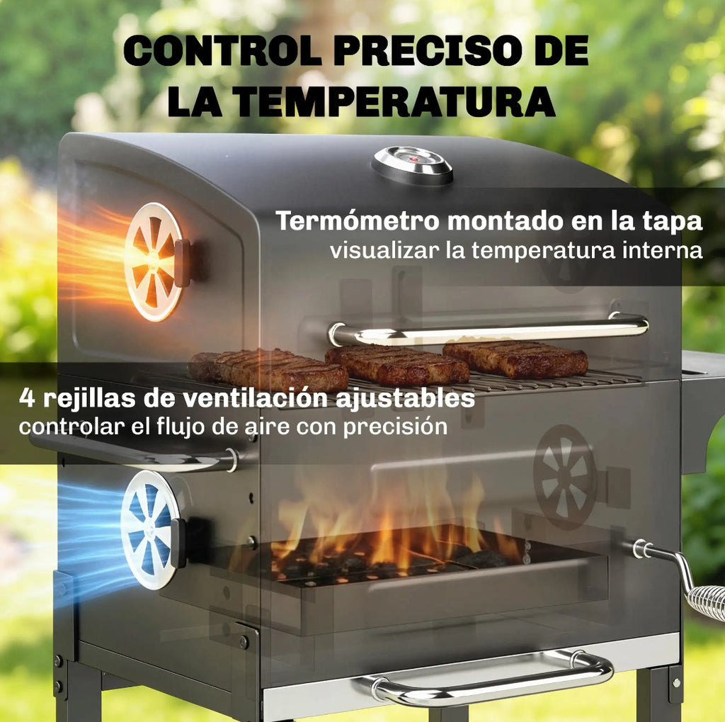 Barbacoa de Carbón con Tapa, Termómetro y Ruedas para Jardín y Terraza