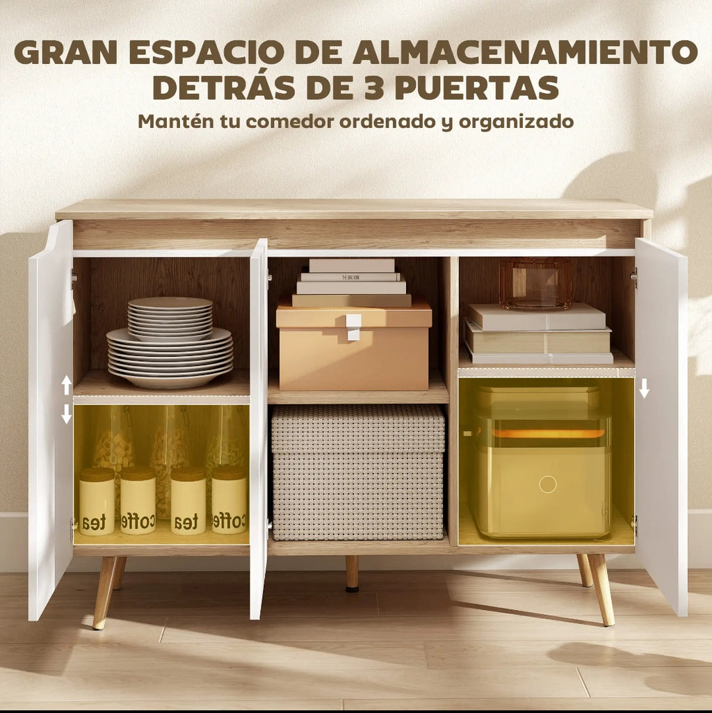 Aparador Nórdico Blanco y Roble con 3 Puertas y Estantes Ajustables para Salón y Comedor
