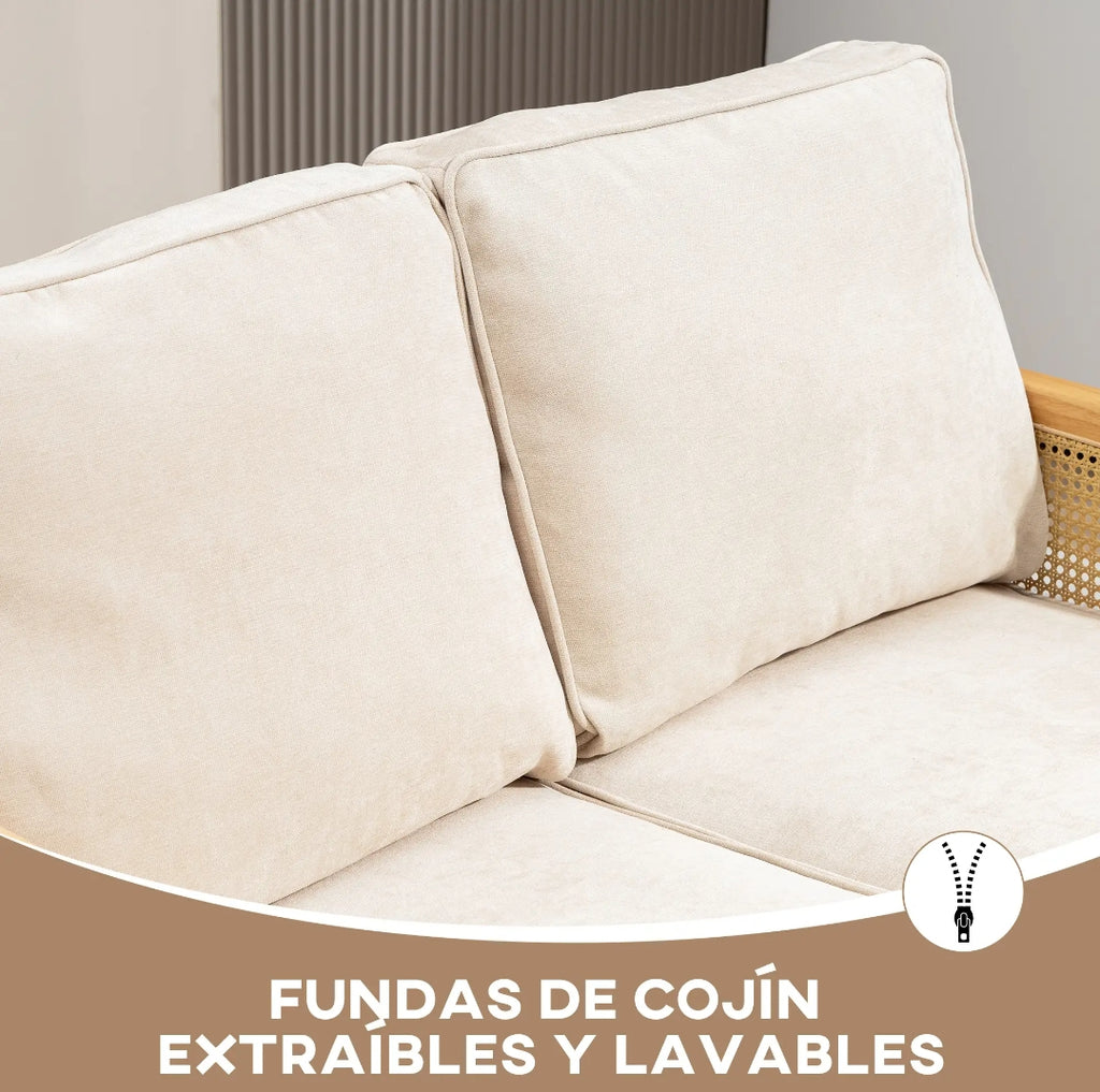 Sofá de 2 Plazas en Chenilla Beige con Reposabrazos de Ratán | MooM Decó