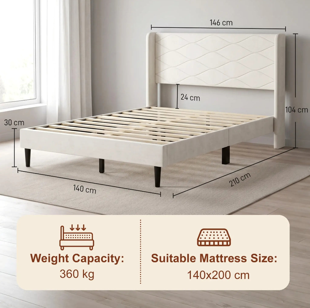 Cama Tapizada Beige 140x200 con Cabecero de Alas | MooM Decó