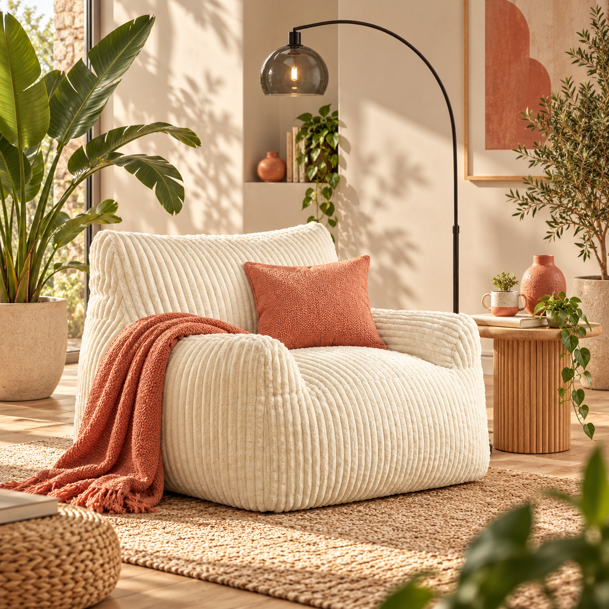 Sillón Puf de Pana Blanco Crema Acolchado | MooM Decó