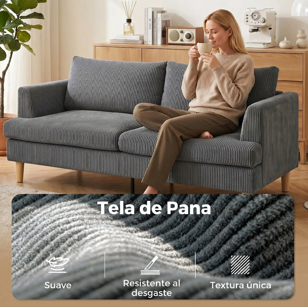 Sofá de 3 Plazas en Pana Gris Oscuro con Muelles Ensacados | MooM Decó