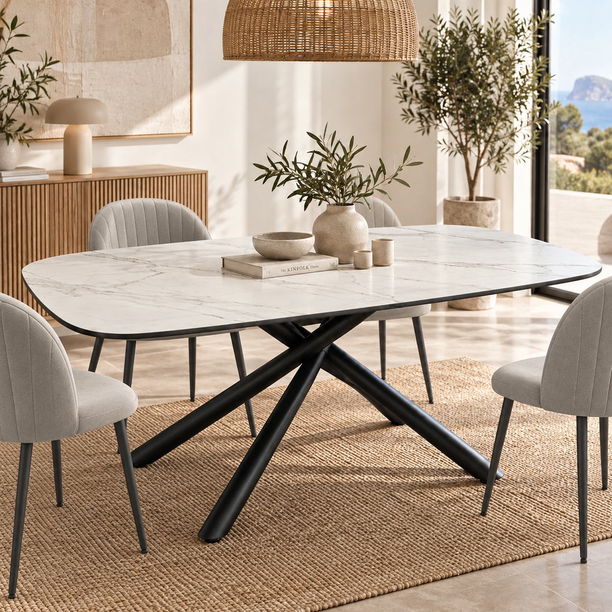 Mesa de Comedor Efecto Mármol 160 cm Cristal Templado | MooM Decó
