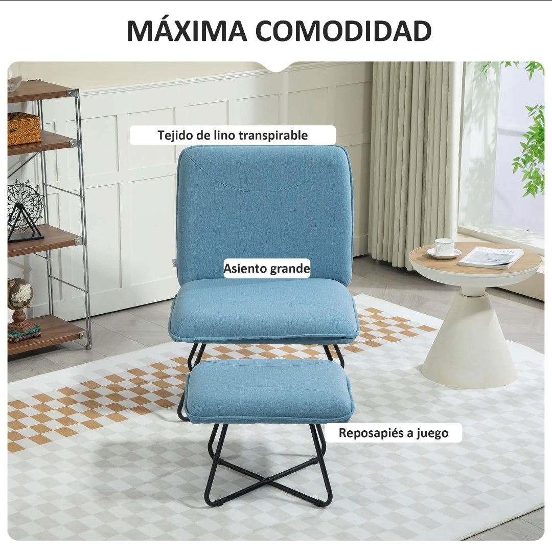 Butaca con Reposapiés Azul Claro | Sillón de Lectura Moderno con Patas de Acero