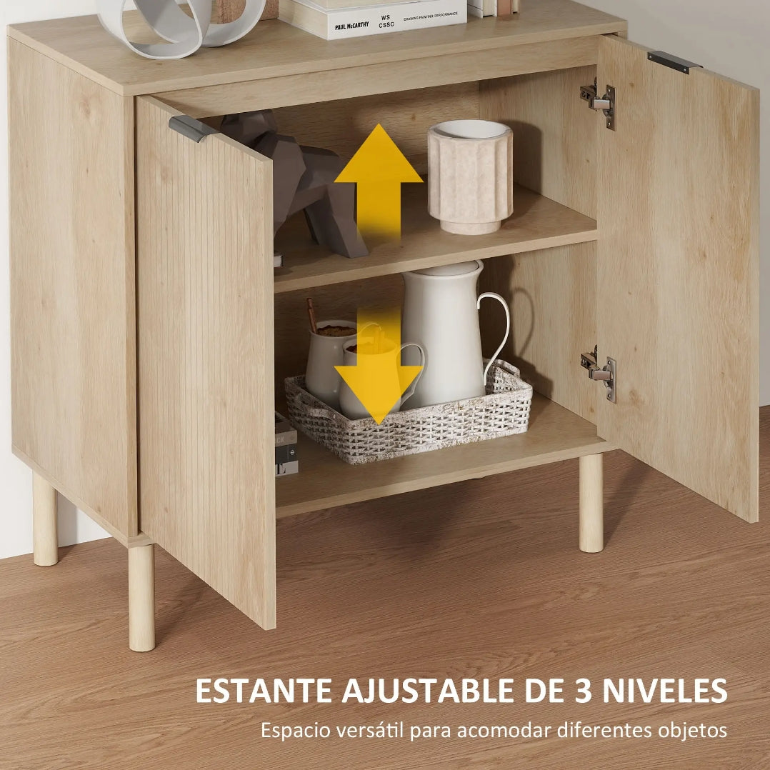 Aparador de Roble con Puertas de Lamas, Estante Ajustable y Patas de Madera Maciza