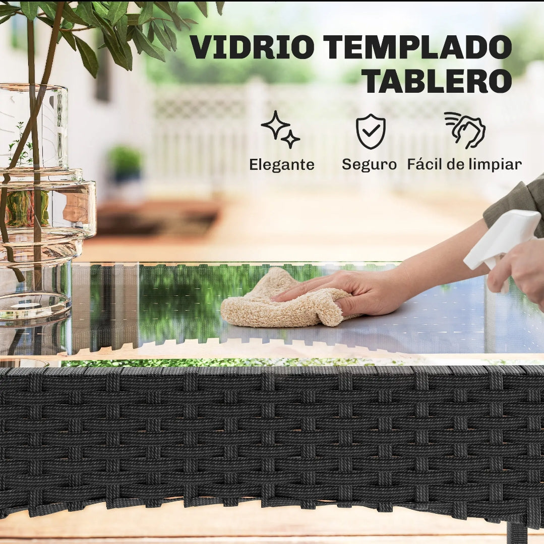 Conjunto de Jardín de Ratán Sintético 4 Piezas con Sofá, Sillones y Mesa de Cristal