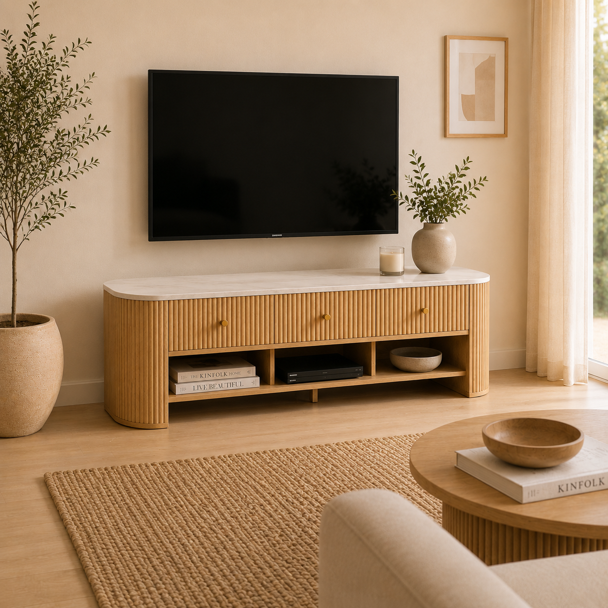 Mueble TV Moderno con Efecto Mármol Blanco, 3 Cajones y Estantes para Televisores hasta 65 Pulgadas