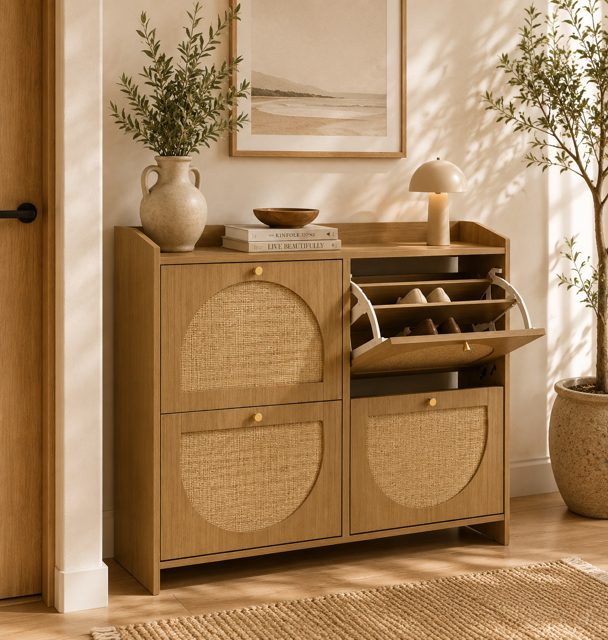 Zapatero Estrecho de Ratán para 16 Pares | Mueble Recibidor Nórdico 104,5 cm | MooM Decó