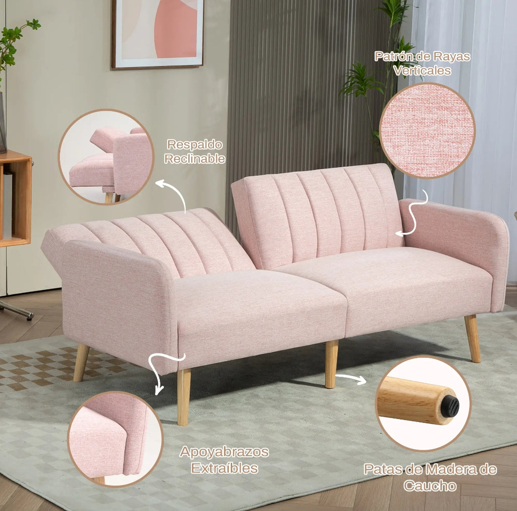 Sofá Cama Convertible de 3 Plazas con Respaldos Reclinables múltiposición y Patas de Madera Estilo Nórdico