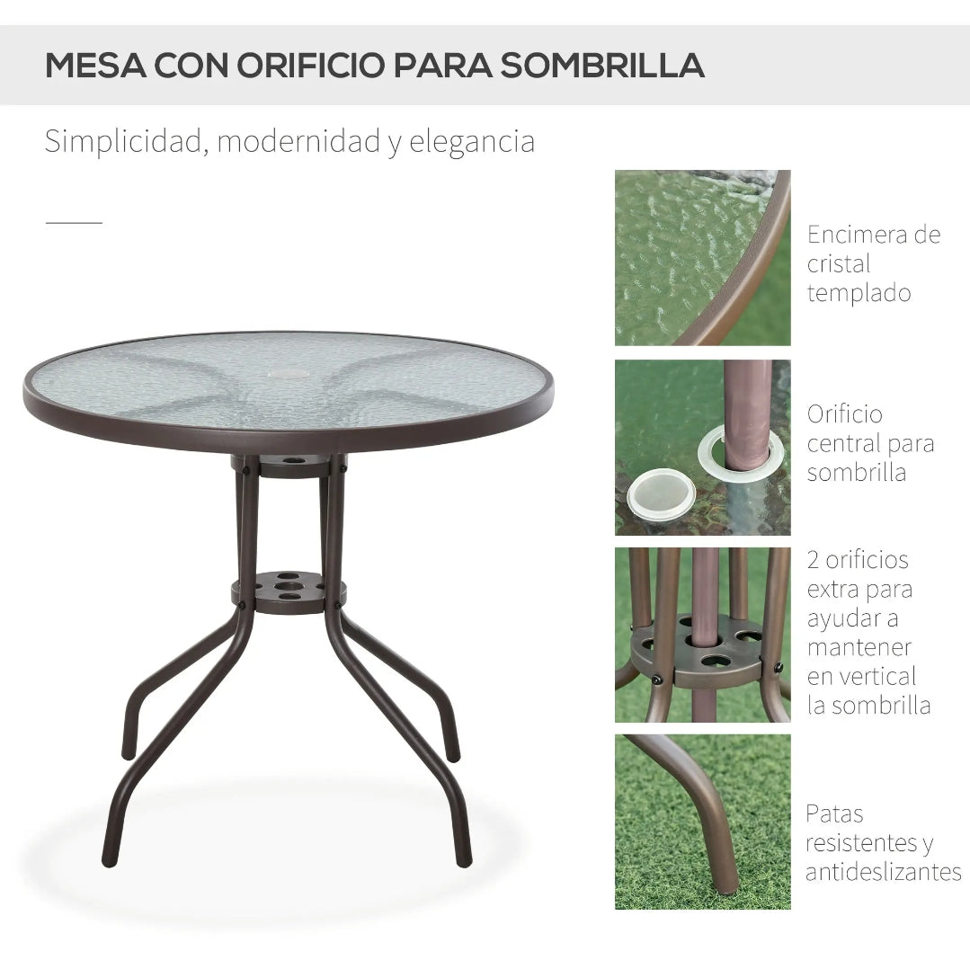 Conjunto de Jardín Plegable con 4 Sillas, Mesa de Cristal Templado y Sombrilla para Terraza y Exterior