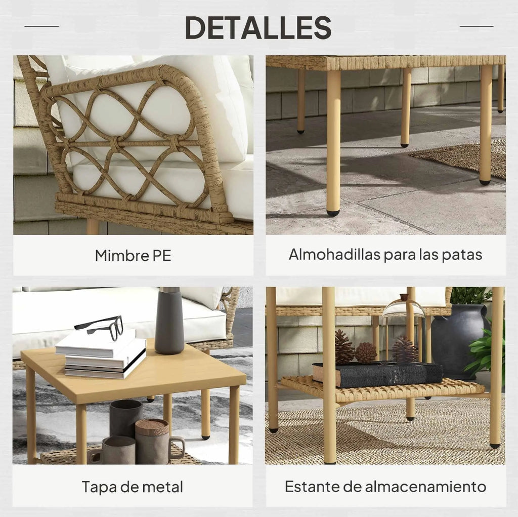 Conjunto de Jardín de Ratán 3 Piezas con Chaise Longue, Sofá 2 Plazas y Mesa de Centro con Cojines