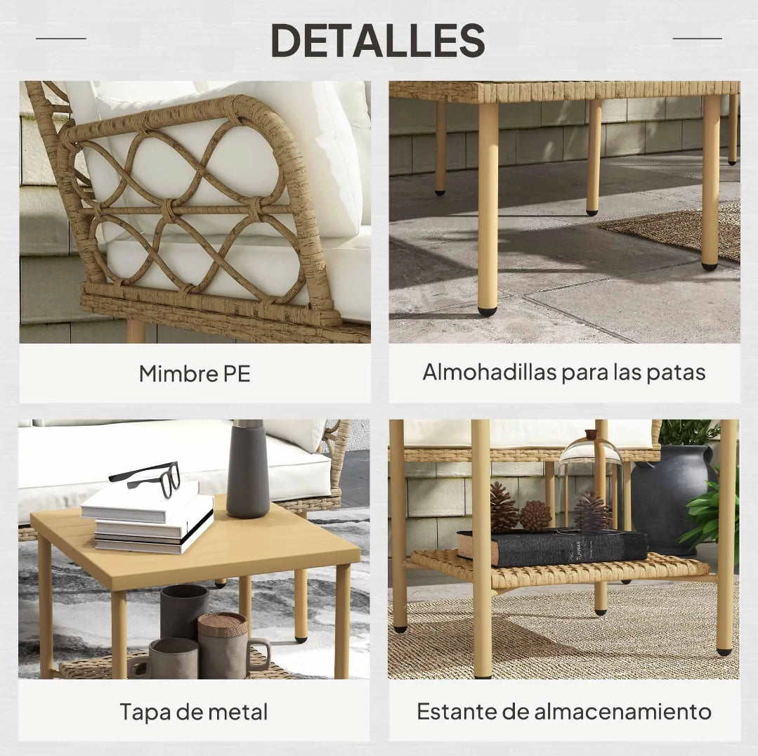 Conjunto de Jardín de Ratán 3 Piezas con Chaise Longue, Sofá 2 Plazas y Mesa de Centro con Cojines