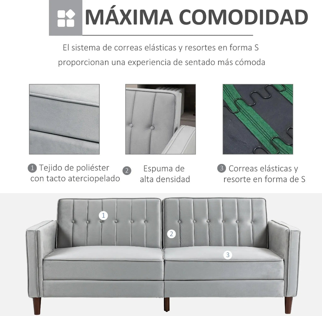 Sofá Cama Convertible 2-3 Plazas con Respaldos Reclinables y Tapizado Aterciopelado Gris Claro