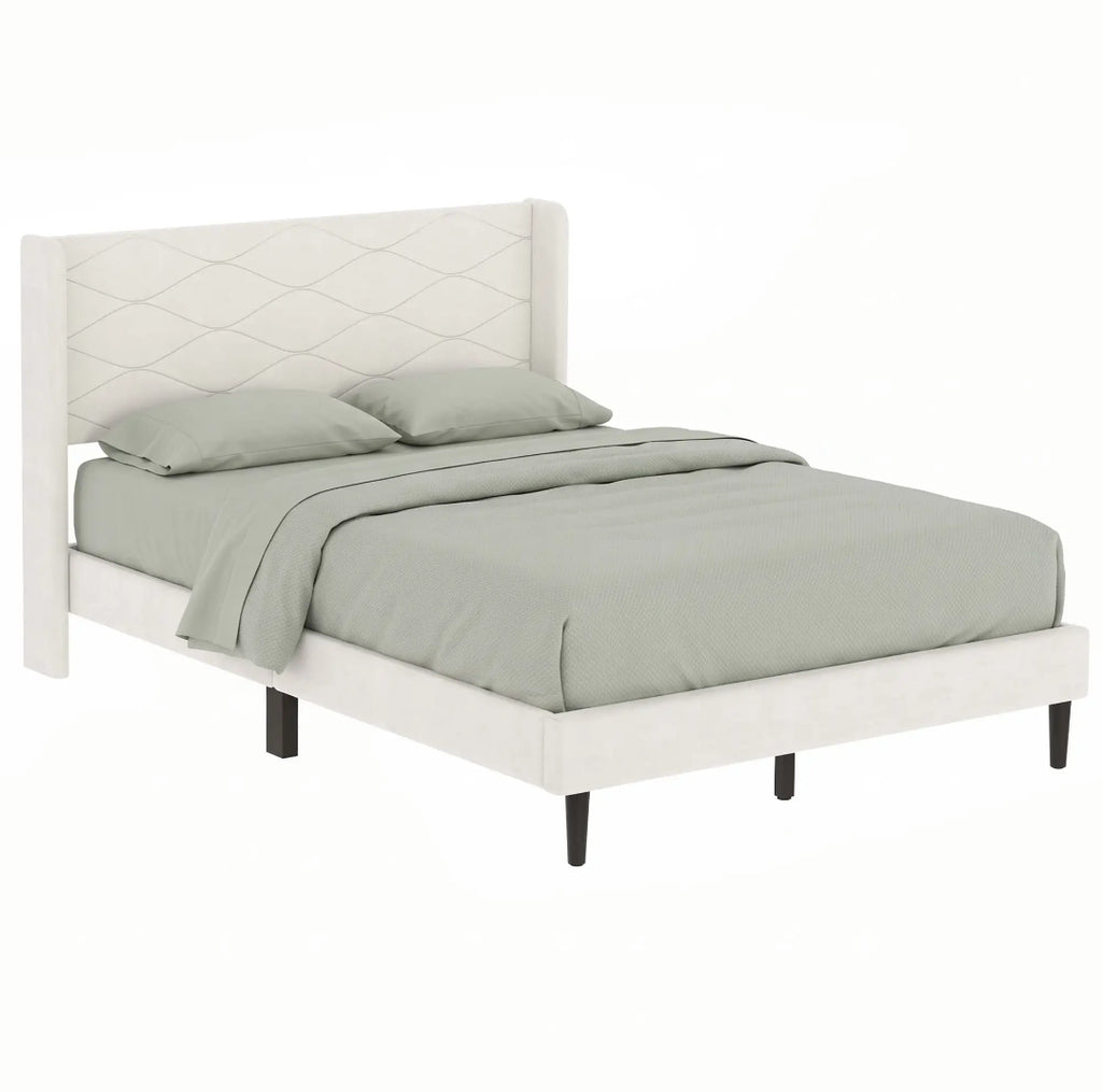 Cama Tapizada Beige 140x200 con Cabecero de Alas | MooM Decó