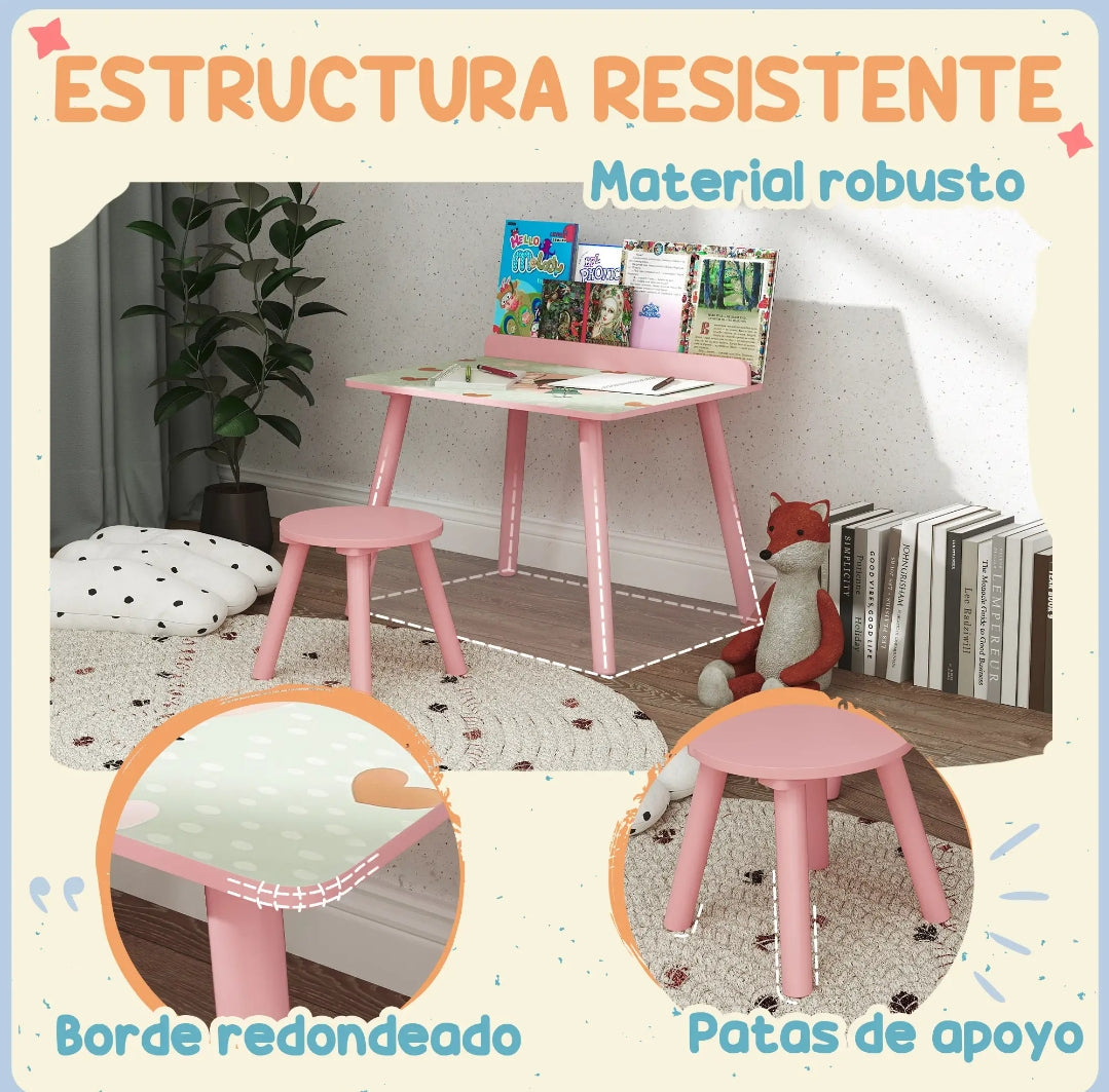 Mesa Infantil con Silla y Estante para Libros Rosa | MooM Decó