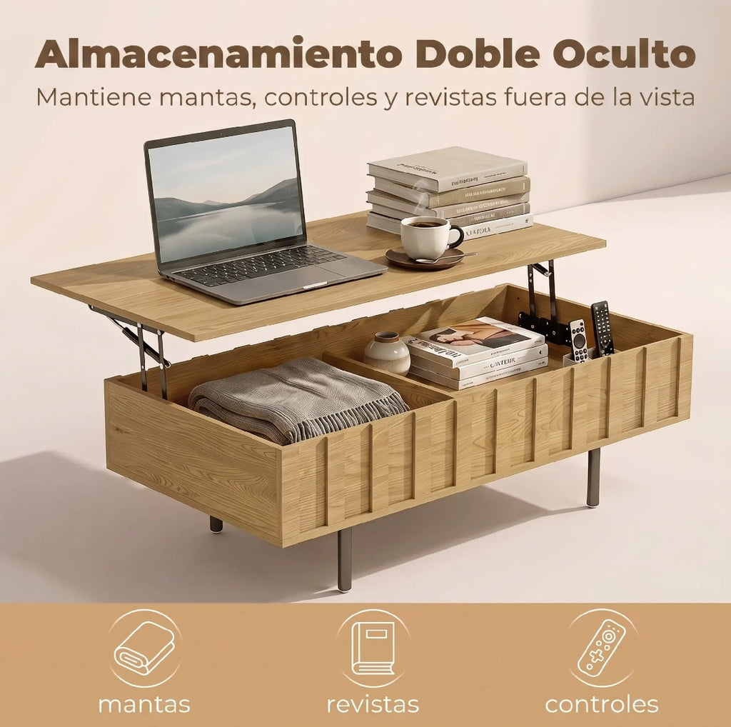 Mesa de Centro Elevable 110 cm Roble Acanalada | MooM Decó