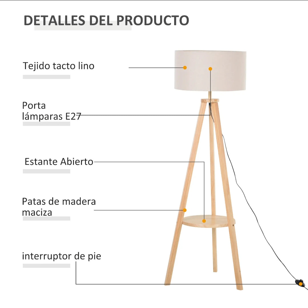 Lámpara de Pie Trípode Madera y Beige 154 cm | MooM Decó