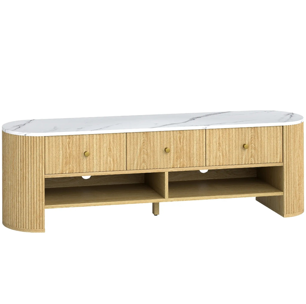 Mueble TV Moderno con Efecto Mármol Blanco, 3 Cajones y Estantes para Televisores hasta 65 Pulgadas