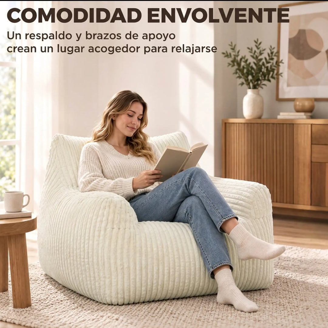 Sillón Puf de Pana Blanco Crema Acolchado | MooM Decó