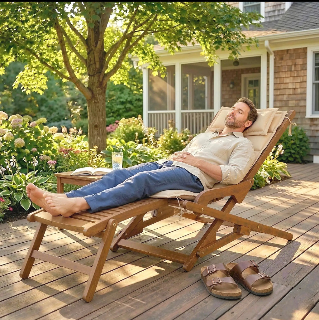 Tumbona Plegable de Madera de Acacia con Reposapiés Desmontable y Cojín Acolchado