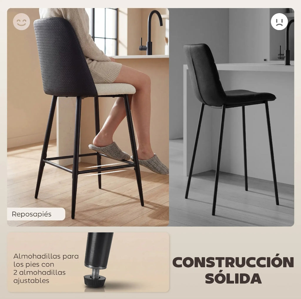 Juego de 2 Taburetes Altos de Cocina con Respaldo Negro | MooM Decó