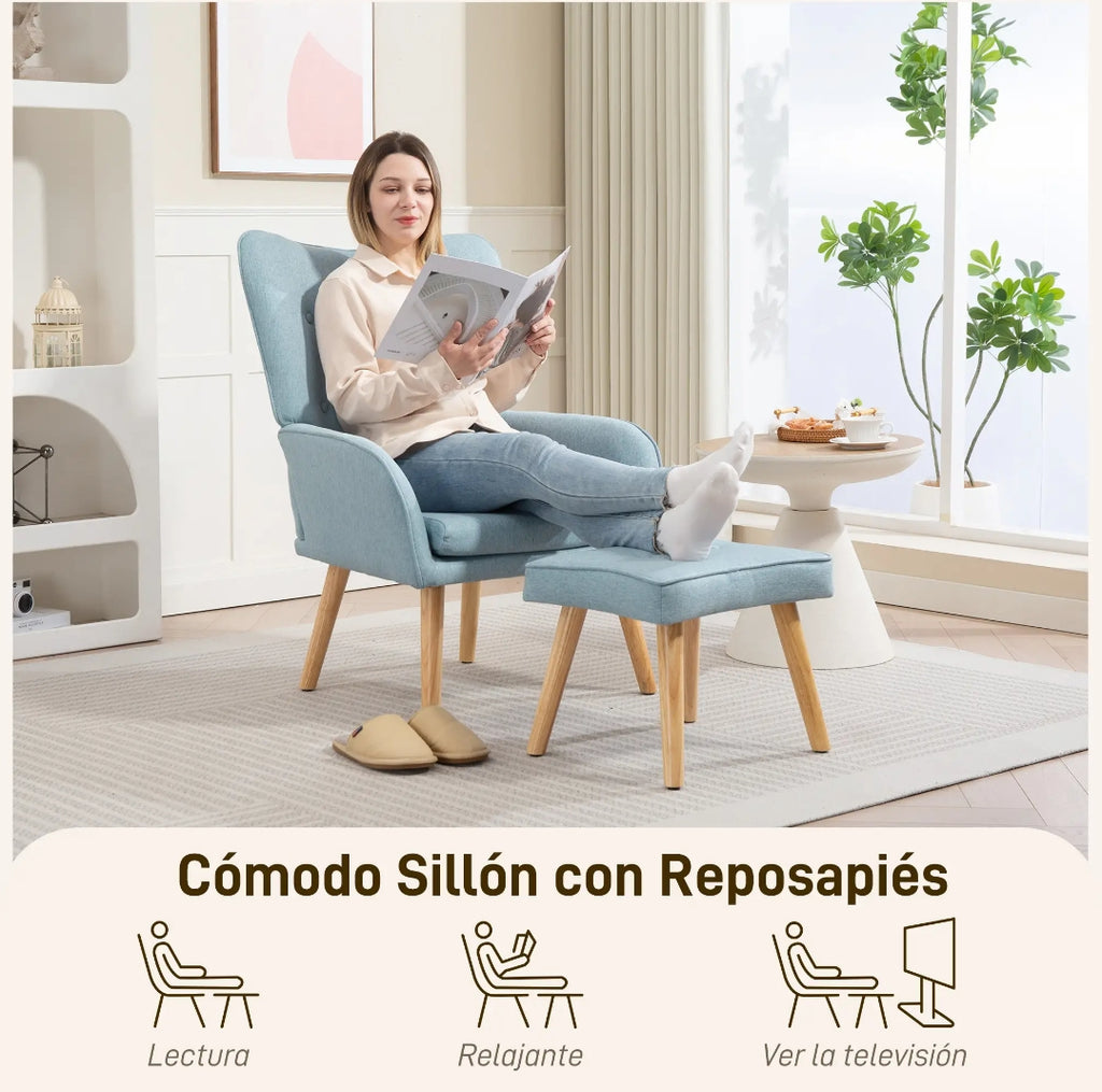 Butaca de Lectura con Reposapiés, Respaldo Capitoné y Tapizado Efecto Lino Azul Claro