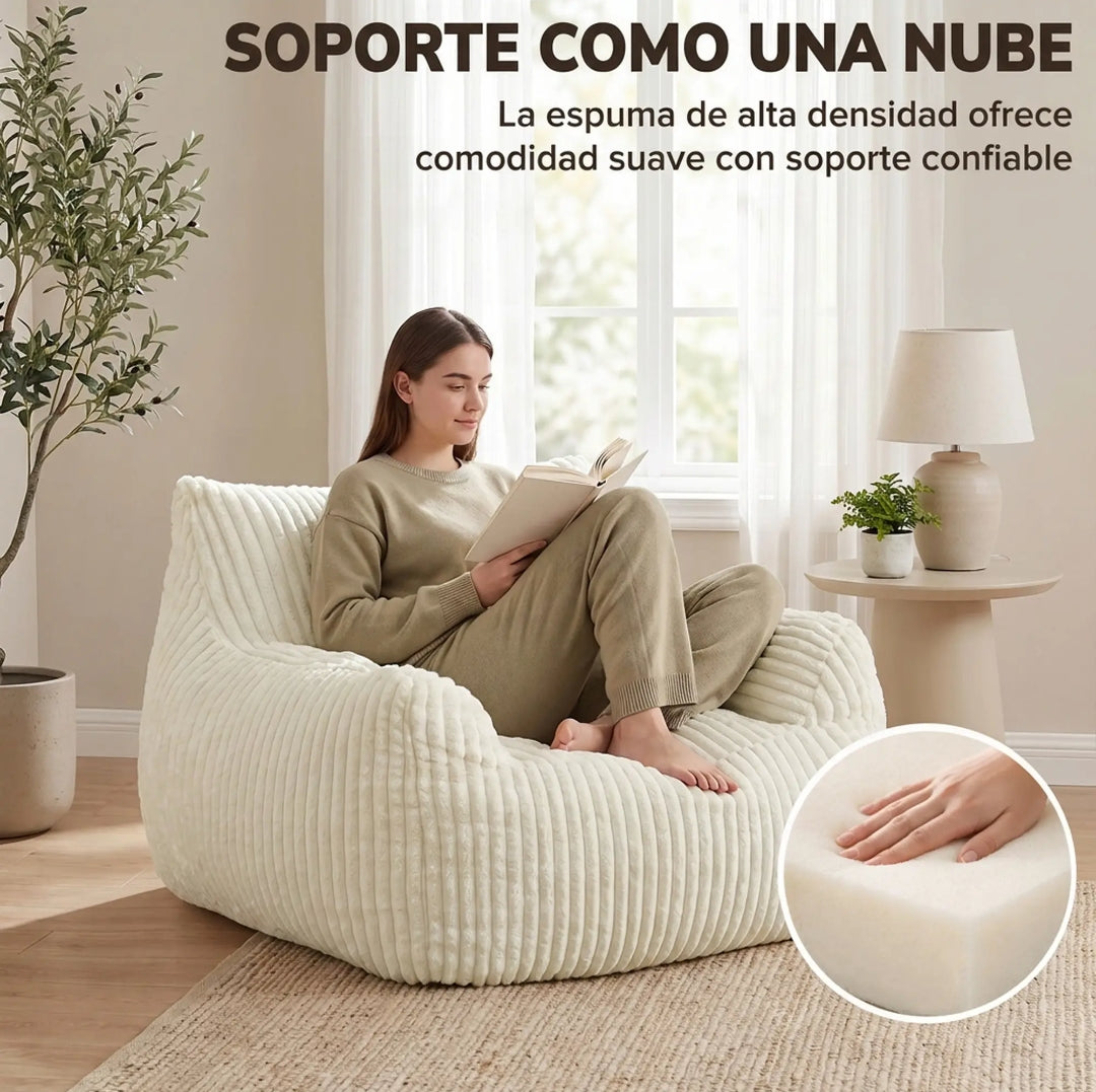 Sillón Puf de Pana Blanco Crema Acolchado | MooM Decó