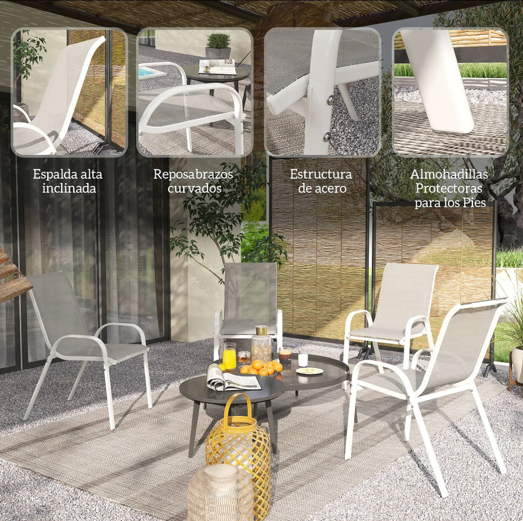 Juego de 4 Sillas de Jardín Apilables de Textileno con Reposabrazos | Terraza y Exterior | MooM Decó